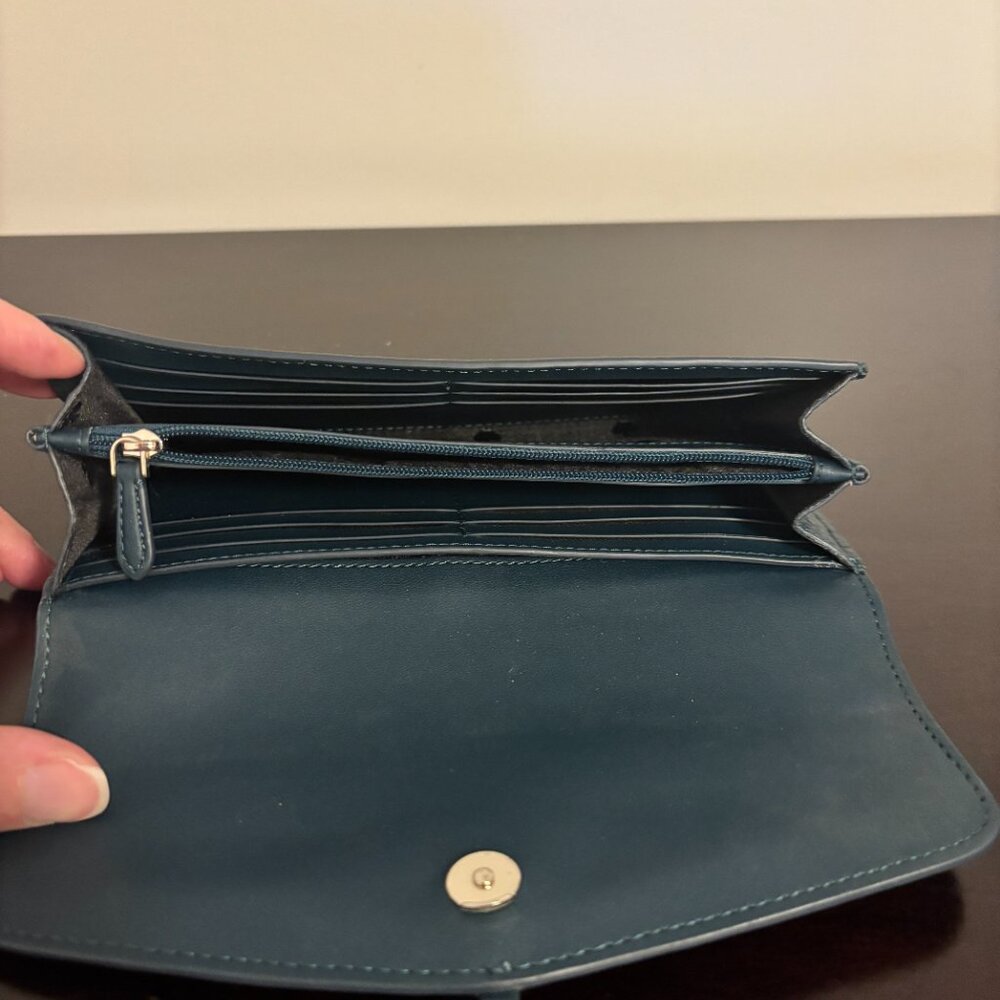 Kate Spade Marti Dark Blue Green Pebbled Leather Large Slim Flap Wallet - Picture 9 of 10